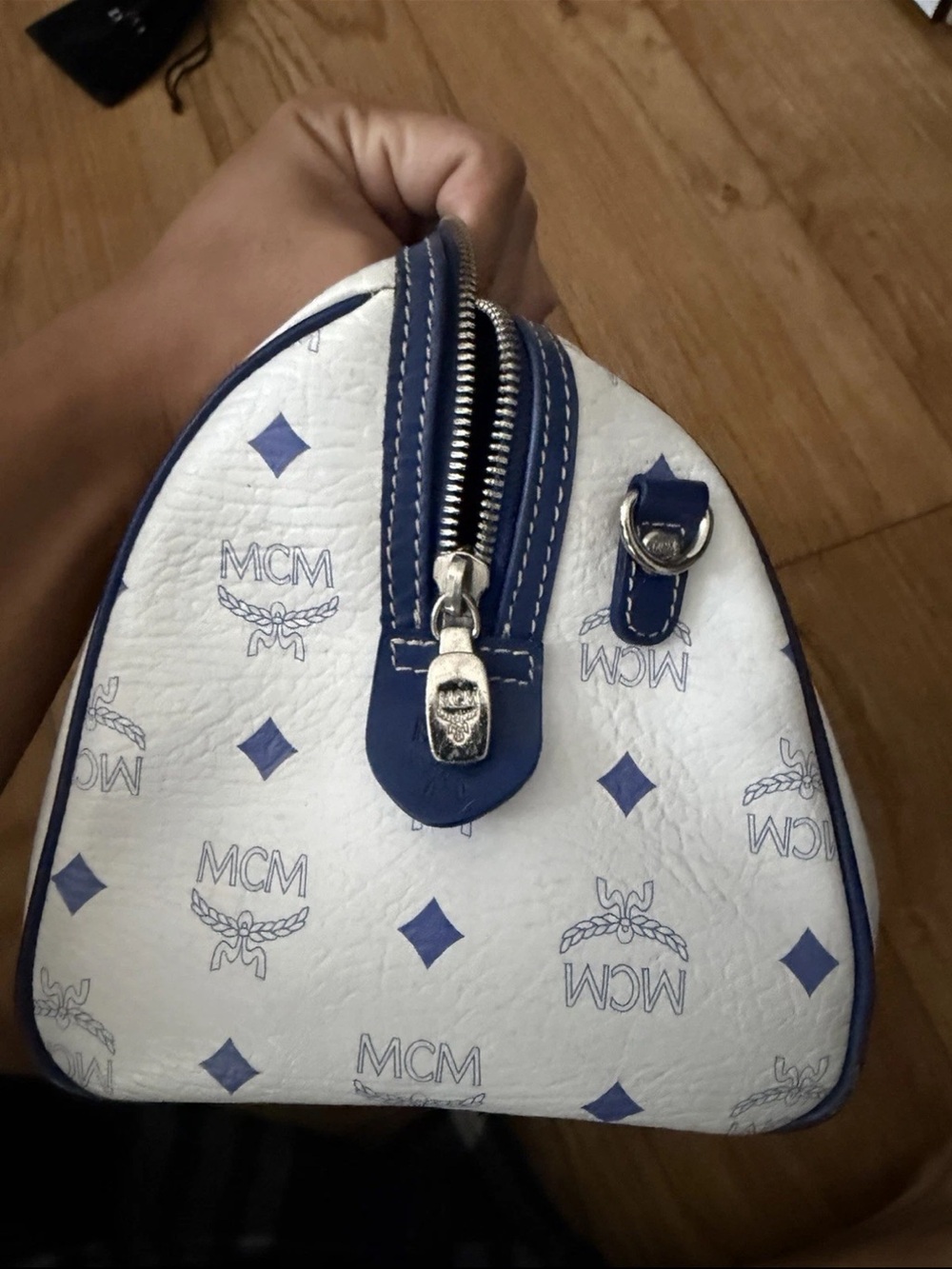 MCM White & Blue Logo Leather Satchel with Charm - Picture 3 of 7